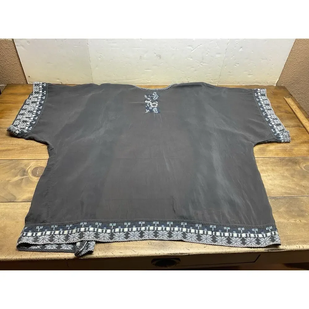 Johnny Was Gray/ Blue Embroidered Floral Open-Front Kimono Jacket 3/4 M FLAW
